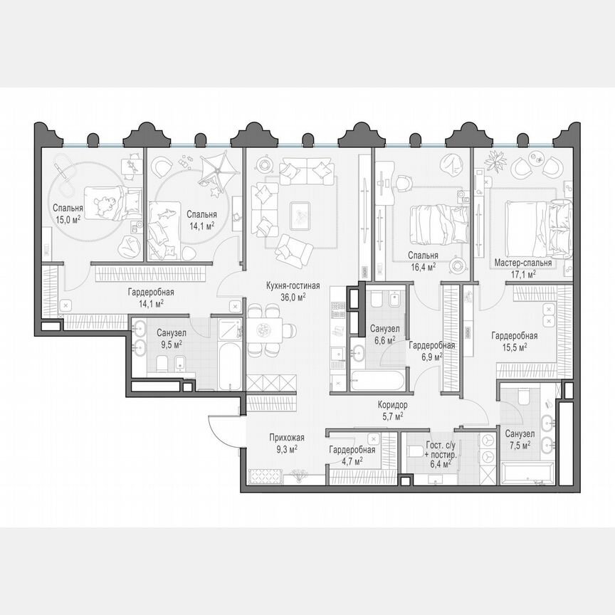 4-к. квартира, 186 м², 7/13 эт.