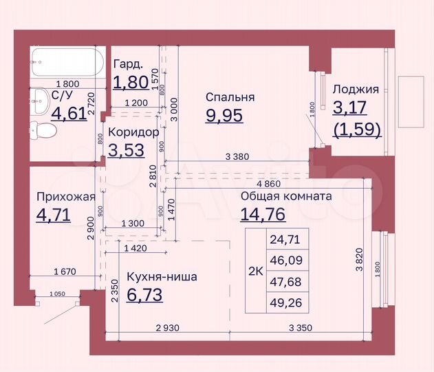 2-к. квартира, 47,7 м², 6/6 эт.