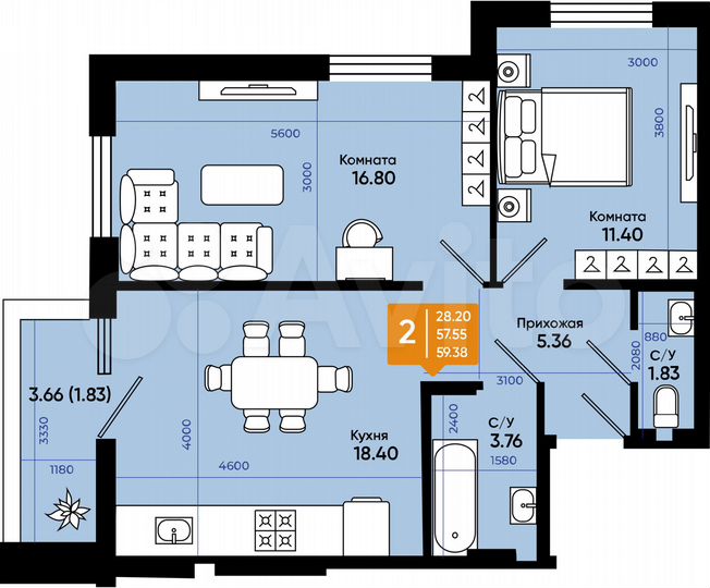 2-к. квартира, 59,4 м², 9/9 эт.