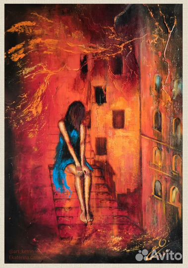 Картина маслом, холст 50х70 Девушка в синем