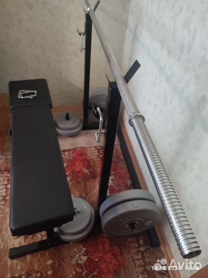 Стойка для штанги,скамья,гриф,блины,бу