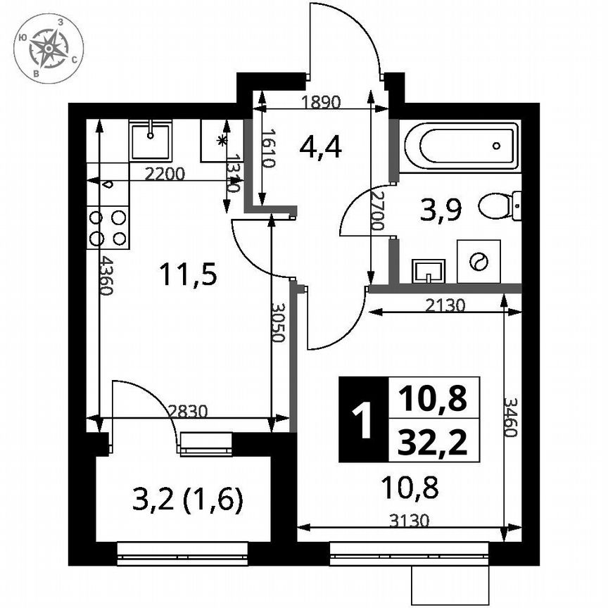 1-к. квартира, 32,2 м², 14/16 эт.
