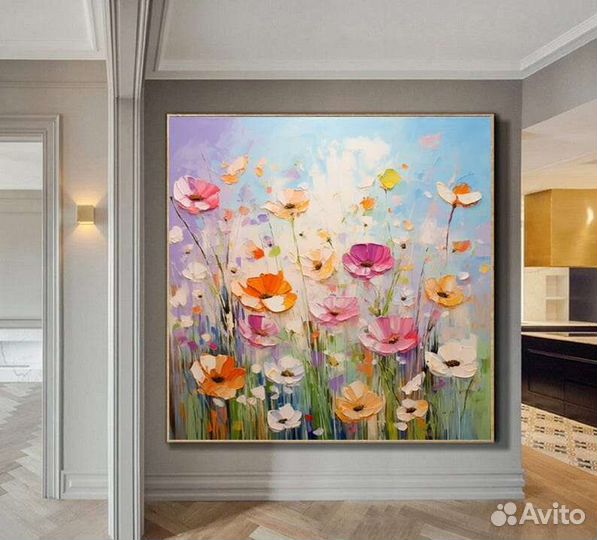 Картина маслом на холсте Летние цветы Текстурная