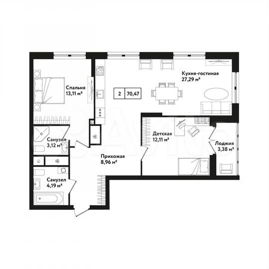 2-к. квартира, 70,5 м², 13/25 эт.