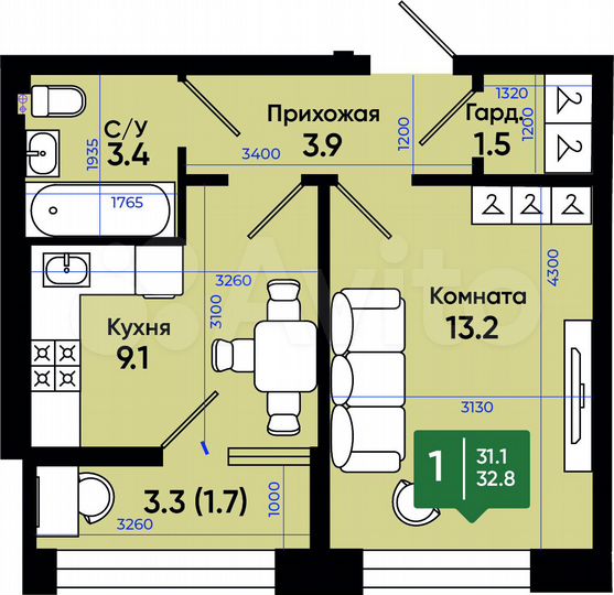 1-к. квартира, 32,8 м², 2/3 эт.
