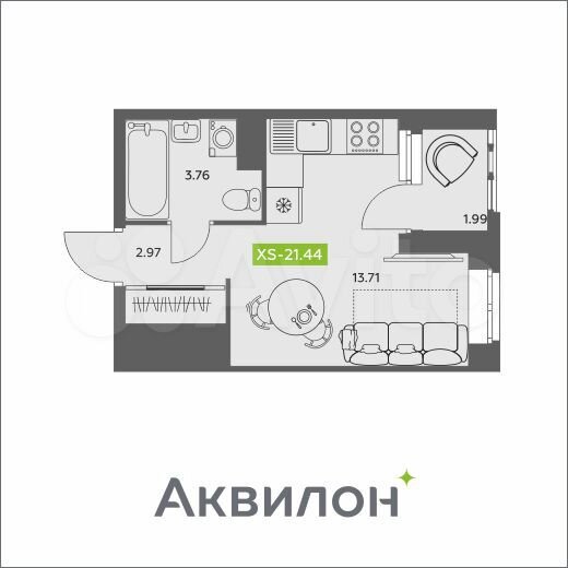 Квартира-студия, 21,4 м², 10/16 эт.