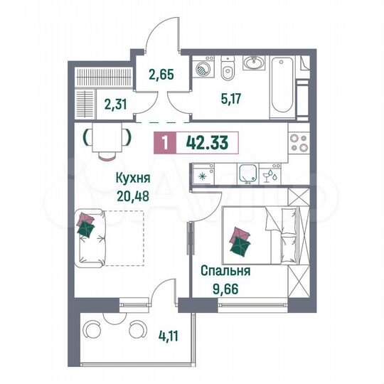 1-к. квартира, 42,3 м², 4/16 эт.