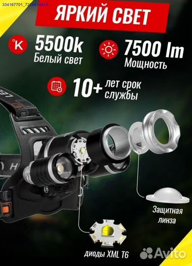 Фонарь Налобный Аккумуляторный (Арт.86229)