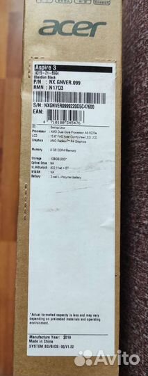 Ноутбук Acer aspire 3 A315 8GB/128GB SSD/AMD