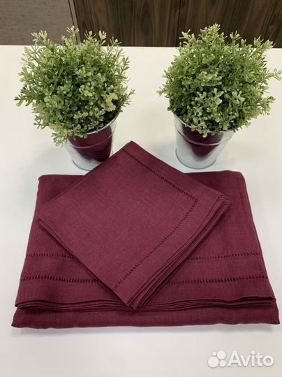 Скатерть салфетки льняные бордовые комплект