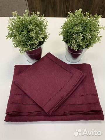 Скатерть салфетки льняные бордовые комплект