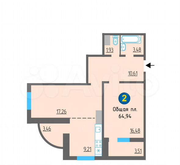 2-к. квартира, 66,6 м², 5/11 эт.