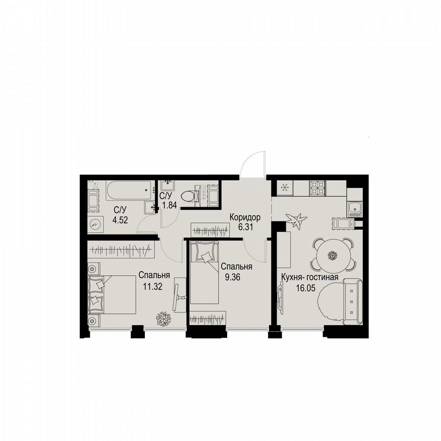2-к. квартира, 49,4 м², 6/6 эт.