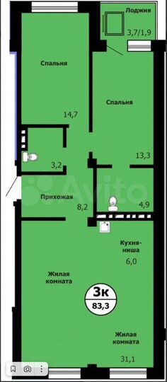 3-к. квартира, 83,3 м², 7/15 эт.