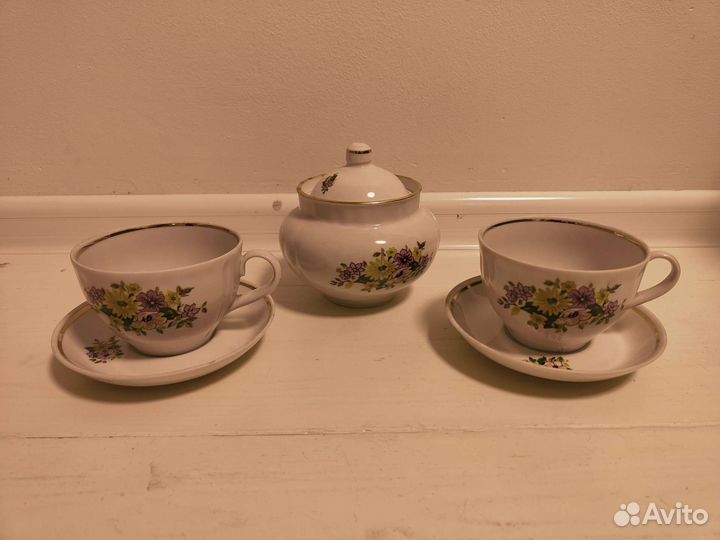 Чайные пары, сахарница. Фарфор СССР
