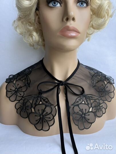 Съемный воротничок черный органза вышивка