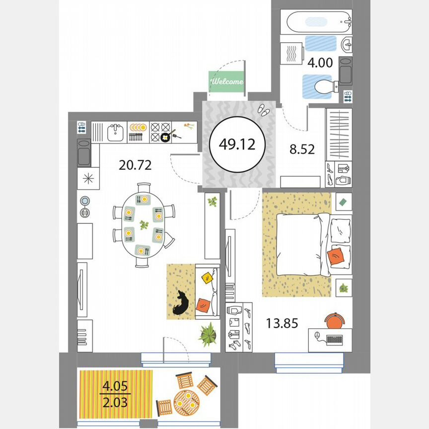 1-к. квартира, 49,1 м², 5/12 эт.