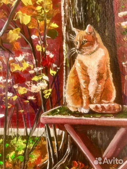 Картина маслом 24Х18 см котик осень