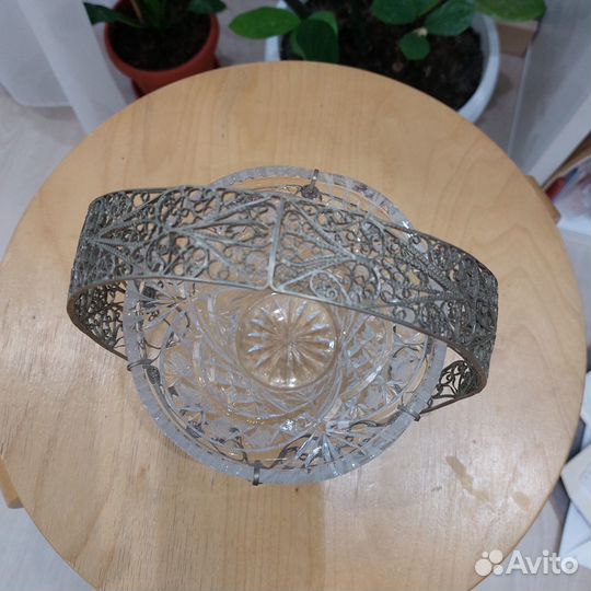 Вазочка конфетница стекло мельхиор скань СССР
