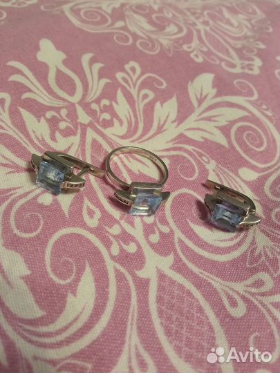 Серьги + кольцо серебро комплект