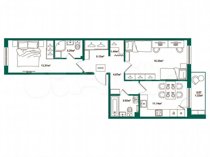 2-к. квартира, 59,4 м², 7/12 эт.