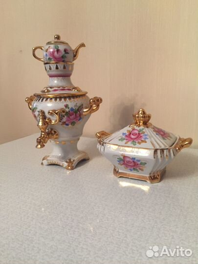 Самовар, конфетница. Фарфор. Гжель. СССР