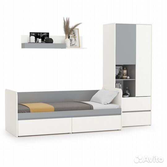 Детская мебель Торонто № 20, цвет белый шагрень/стальной серый, шхгхв 274х84,4х195,7 см., спальное м