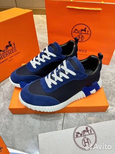 Мужские кроссовки Hermes текстиль замша синие