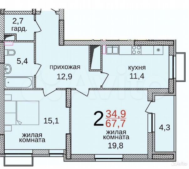 3-к. квартира, 67,7 м², 19/21 эт.