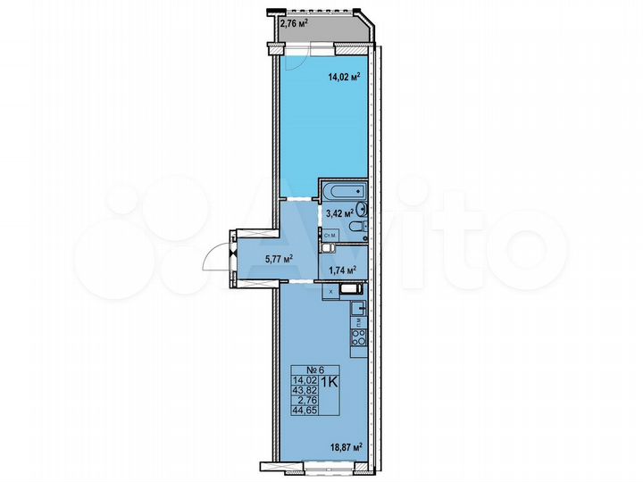 1-к. квартира, 44,7 м², 2/17 эт.