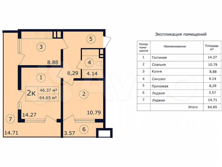 2-к. апартаменты, 66,5 м², 4/14 эт.