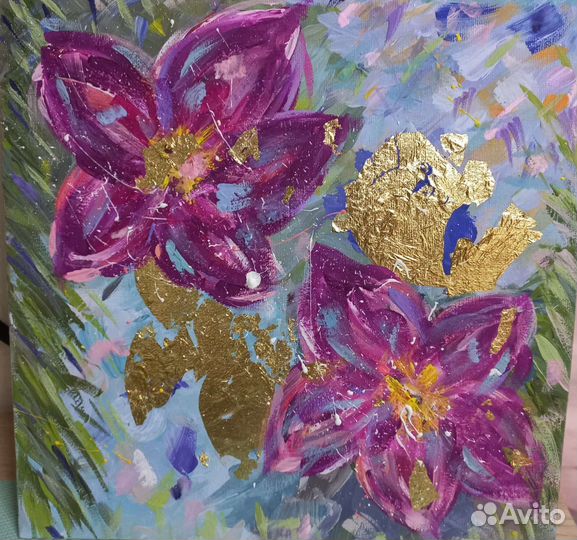 Картина цветы с поталью