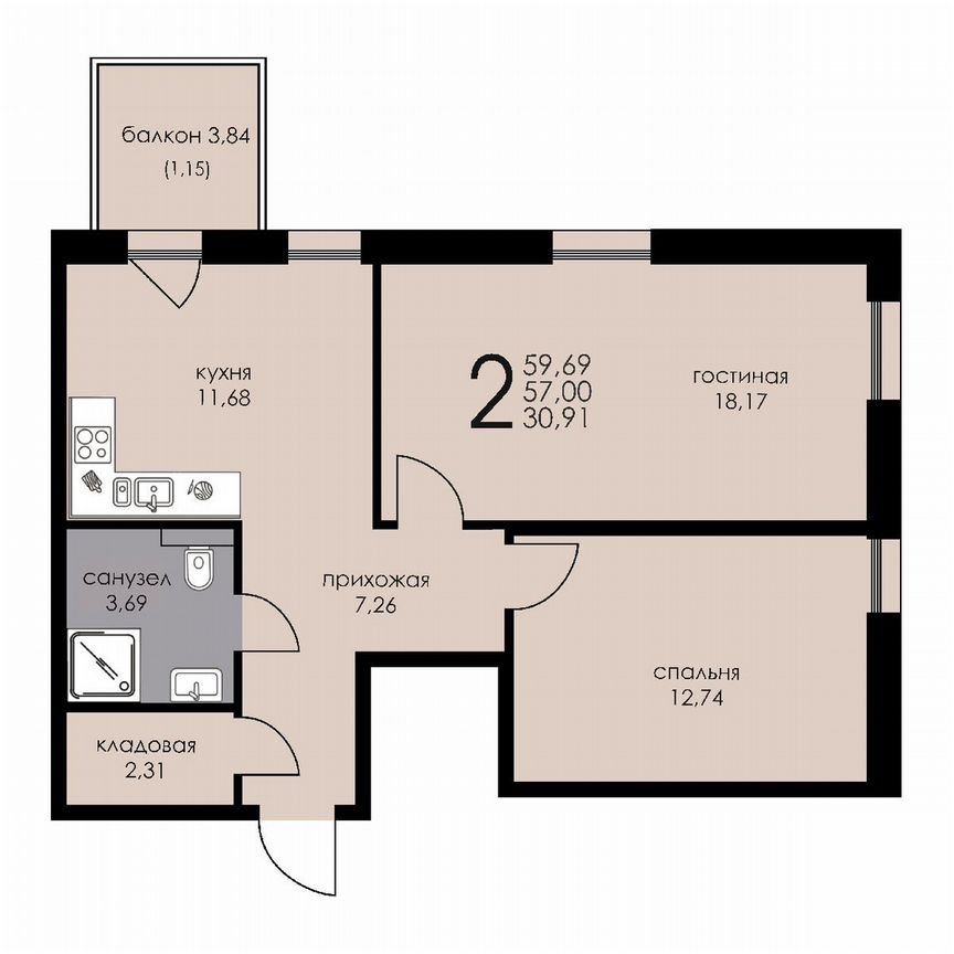 2-к. апартаменты, 57 м², 5/6 эт.