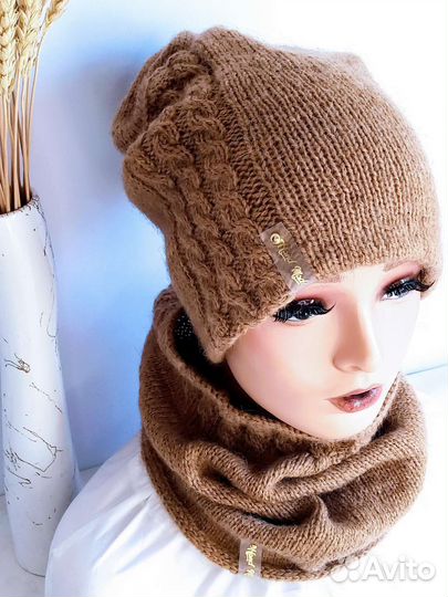 Комплект вязаный шапка бини снуд и митенки новый