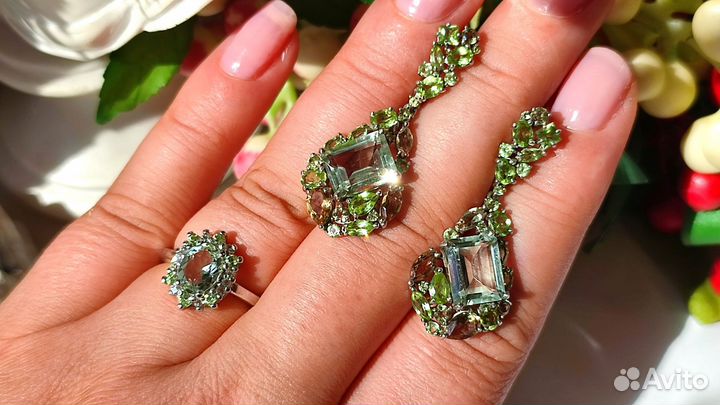 Серьги/кольцо/кулон с празиолитом и др серебро 925