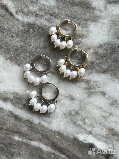 Серьги кольца с натуральным жемчугом