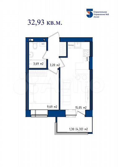 1-к. квартира, 32,9 м², 3/4 эт.