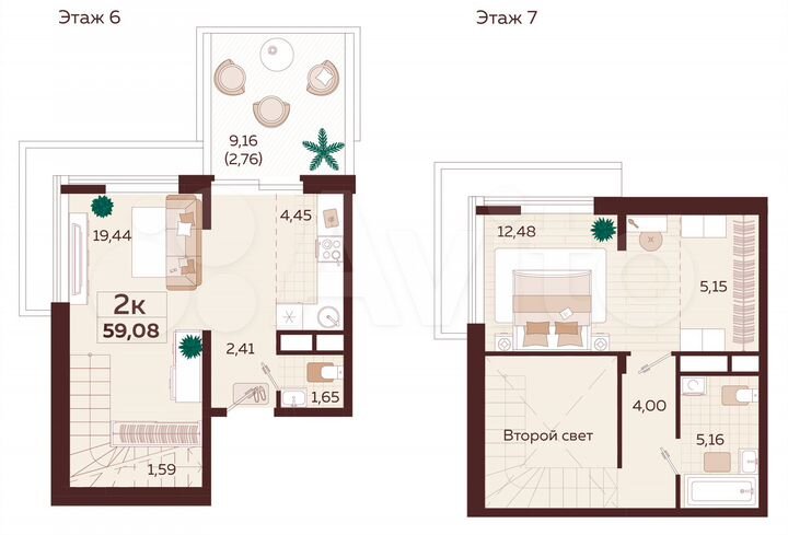 2-к. квартира, 59,1 м², 6/9 эт.