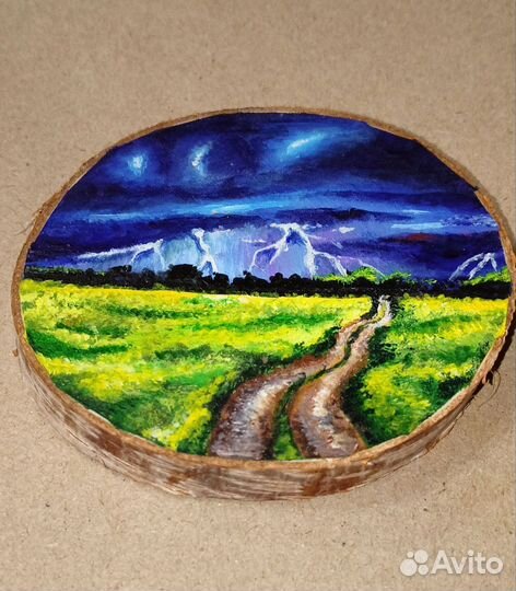 Картина- магнит, акрилом на срезе дерева