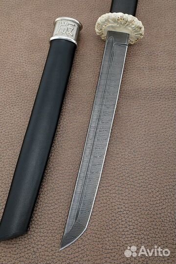 Нож Танто большой дамаск черный граб рог лося дере