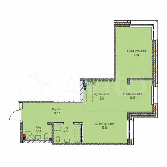 3-к. квартира, 68,3 м², 3/19 эт.