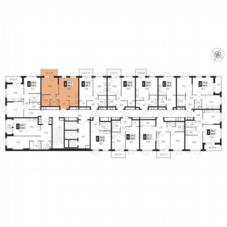 1-к. квартира, 48,4 м², 13/25 эт.