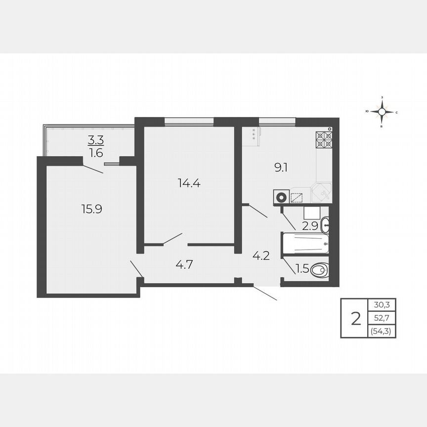 2-к. квартира, 54,3 м², 4/5 эт.