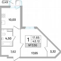 1-к. квартира, 43,1 м², 13/19 эт.