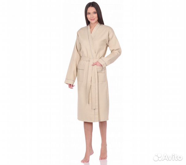 Халат вафельный Home One с кантом бежевый 48