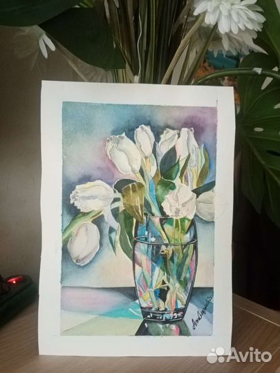 Картина акварельная цветы тюльпаны