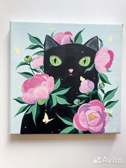 Картина авторская Кот в пионах