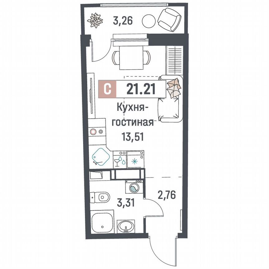 Квартира-студия, 21,2 м², 16/18 эт.