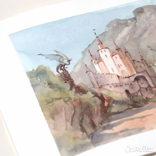 Драконы и замок Фэнтези картина акварелью Оригинал