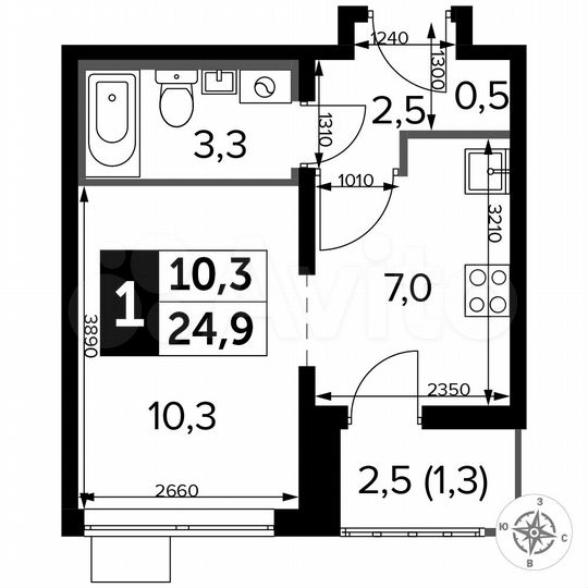 Квартира-студия, 24,9 м², 2/25 эт.